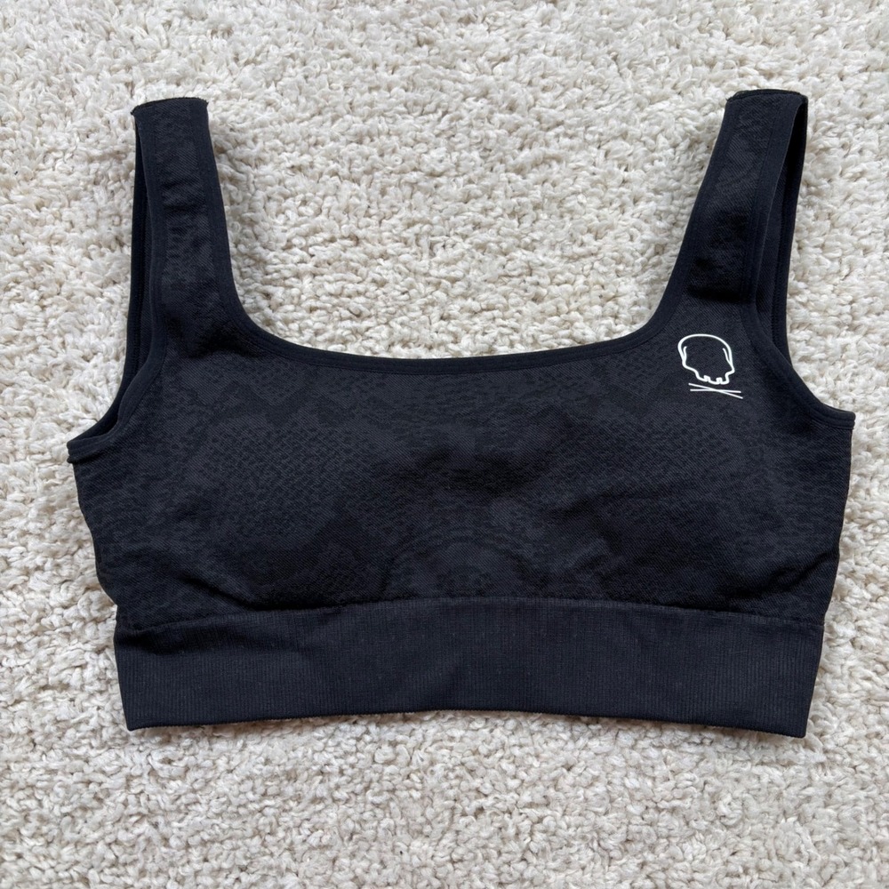 Skull & Bones Seamless Sports Bra Women Large Black Excellent Square Neck Logo‎
